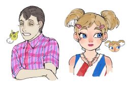  1boy 1girl alice_(animal_crossing) animal_crossing bare_shoulders black_hair blonde_hair blue_eyes closed_eyes clyde_(animal_crossing) collarbone collared_shirt colored_inner_hair commentary_request dancho_no_mori earrings freckles hair_ornament hairclip humanization jewelry looking_to_the_side multicolored_hair necklace pink_lips pink_shirt plaid_clothes plaid_shirt shell shell_necklace shirt short_hair short_twintails simple_background thick_eyebrows twintails two-tone_hair white_background white_hair 