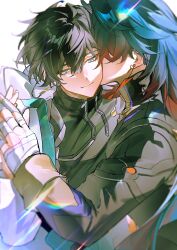  2boys bandages black_hair black_jacket black_skirt blade_(honkai:_star_rail) dan_heng_(honkai:_star_rail) dan_heng_(hunt)_(honkai:_star_rail) earrings green_eyes hanaki0504 hand_holding highres honkai:_star_rail honkai_(series) japanese_commentary kiss kissing_cheek long_hair looking_to_the_side male_focus male_only on_back on_ground smile sunlight white_background white_jacket yaoi 