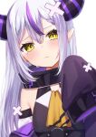  ascot ayatsuki_hina black_horns braid braided_bangs collar detached_sleeves grey_hair highres hololive horns la+_darknesss la+_darknesss_(1st_costume) long_hair metal_collar multicolored_hair pointy_ears purple_hair sleeves_past_fingers sleeves_past_wrists streaked_hair striped_horns tears virtual_youtuber yellow_ascot yellow_eyes 