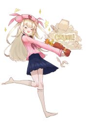  >_< 1girl :d absurdres blonde_hair blue_skirt blush closed_eyes commentary_request full_body gourmet_spicer hair_ornament hat highres kneehighs leg_up long_hair long_sleeves miniskirt mosuroshyu natori_sana neckerchief no_shoes nurse_cap pink_hat pink_sweater pleated_skirt rabbit_hair_ornament red_neckerchief sana_channel school_uniform serafuku simple_background skirt smile socks solo sparkle standing standing_on_one_leg sweater two_side_up v-shaped_eyebrows virtual_youtuber white_background white_socks xd 