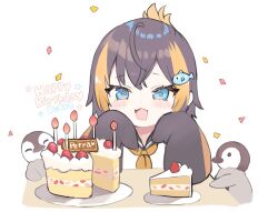 1girl ahoge bird birthday_cake black_hair blue_eyes blush cake cake_slice chibi chibi_only commentary confetti drooling english_commentary fish_hair_ornament food hair_ornament happy_birthday momoko_(momopoco) mouth_drool multicolored_hair nijisanji open_mouth orange_hair penguin petra_gurin simple_background solo_focus white_background 