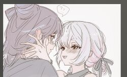 2girls ? bite_mark bite_mark_on_ear black_hair black_ribbon blush cho_kaguya-hime! commentary cone_hair_bun eye_contact hair_bun hair_ribbon hixii1238 looking_at_another multiple_girls open_mouth ribbon runami_yachiyo sakayori_iroha short_hair simple_background spoken_question_mark tearing_up white_background yuri 