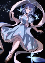  1girl blue_butterfly blue_dress blue_eyes blue_hair brown_shoes bug butterfly chinese_commentary closed_mouth collarbone commentary dark_background dress drill_hair floral_print frilled_dress frills hagoromo hair_rings kaku_seiga medium_hair nymphus open_clothes open_vest puffy_short_sleeves puffy_sleeves shawl shoes short_sleeves smile socks solo strapless strapless_dress touhou vest white_socks white_vest 