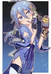 1boy aerial_fireworks ahoge black_gloves black_outline blue_eyes blue_hair blue_kimono blush border bracelet closed_mouth clothing_cutout commentary cross-laced_clothes cross-laced_legwear cross-laced_sleeves crossdressing crossdressing_(mtf) dutch_angle earrings edmond_(nu_carnival) fireworks fireworks_print gloves gold_bracelet green_ribbon hair_between_eyes hair_ornament hair_ribbon halftone head_tilt holding holding_ice_cream_cone ice_cream_cone japanese_clothes jewelry kimono leaf_hair_ornament looking_to_the_side male_focus night nu_carnival nu_jyo official_alternate_costume official_alternate_hairstyle outline outside_border ponytail raised_eyebrows ribbon shoulder_cutout side_slit sky thigh-highs three-quarter_sleeves utensil_in_mouth white_border white_outline wide_sleeves zettai_ryouiki 
