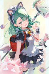  126_klym 1girl absurdres animal_ear_hairband animal_ears backpack bag bell cat_ear_hairband cat_ears commentary cowboy_shot dress fake_animal_ears frilled_dress frills green_skirt hair_ornament hairband hairclip happy highres long_hair looking_at_viewer maid maid_headdress megaphone neck_bell official_alternate_costume randoseru red_bag skirt solo sunna_(afternoon_tea_break)_(zenless_zone_zero) sunna_(zenless_zone_zero) zenless_zone_zero 