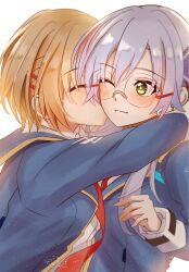  2girls aoi11_luyu blue_jacket brown_hair closed_mouth commentary_request earpiece glasses green_eyes grey_hair hair_ornament hairclip heaven_burns_red highres hug izumi_yuki jacket kayamori_ruka kiss kissing_cheek long_hair multiple_girls necktie one_eye_closed red_necktie short_hair upper_body wavy_mouth yuri 