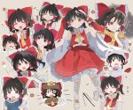  1girl book bow brown_eyes brown_hair chibi dango detached_sleeves detective food hair_bow hakurei_reimu highres holding holding_ladle holding_magnifying_glass ladle looking_at_viewer magnifying_glass multiple_views nontraditional_miko ramochi reading red_bow red_eyes red_shirt red_skirt scarf shirt skirt smile solo touhou wagashi white_sleeves yellow_scarf 