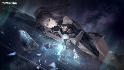  1girl absurdres bare_shoulders black_dress black_hair character_request cleavage_cutout clothing_cutout copyright_name detached_sleeves dress feet_out_of_frame hair_between_eyes highres long_hair long_sleeves lying mechanical_arms official_art official_wallpaper on_side parted_lips ponytail punishing:_gray_raven short_dress sky solo star_(sky) starry_sky white_sleeves yellow_eyes 