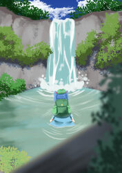  1girl absurdres backpack bag blue_hair blue_shirt blue_skirt bush clouds commentary_request day from_behind gasubanana green_bag green_hat hair_bobbles hair_ornament hat highres kawashiro_nitori leaf long_sleeves medium_hair partial_commentary plant ripples shirt skirt sleeve_cuffs solo touhou twintails water waterfall 