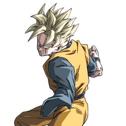  1boy amputee blue_eyes blue_sash blue_shirt clenched_hand clenched_teeth closed_mouth cowboy_shot dougi dragon_ball dragon_ball_z highres male_focus muscular muscular_male nazunnio1225 orange_pants orange_shirt pants pectoral_cleavage pectorals sash scar scar_across_eye scar_on_face serious shirt short_hair simple_background solo son_gohan son_gohan_(future) spiky_hair standing super_saiyan super_saiyan_1 teeth upper_body white_background wristband 
