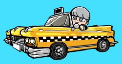  1boy :3 bkub black_jacket blue_background blush_stickers car character_request chibi chibi_only closed_mouth copyright_request dot_nose grey_eyes grey_hair highres jacket layered_sleeves long_sleeves male_focus motor_vehicle short_hair simple_background solo swept_bangs taxi 