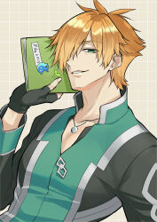  1boy black_gloves chaldea_logo chaldea_staff_uniform commentary_request fate/grand_order fate_(series) fingerless_gloves gloves green_eyes grid_background hair_over_one_eye highres holding_file ichino_tomizuki jewelry looking_at_viewer necklace orange_hair robin_hood_(fate) smile solo upper_body 