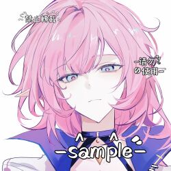  1girl blue_eyes commentary commission elf elysia_(honkai_impact) highres honkai_(series) honkai_impact_3rd jacket long_hair looking_at_viewer multicolored_jacket pink_hair pink_pupils pointy_ears portrait sabi_kansetsu sample_watermark simple_background solo two-tone_jacket untranslatable_commentary watermark white_background 