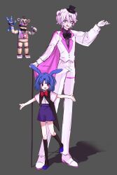  1boy 1girl absurdres animal_ears animification bad_id bad_twitter_id bear_ears black_bow black_bowtie black_hat black_socks blue_eyes blue_hair blue_shoes blue_shorts bob_cut bon_bon_(fnaf) bow bowtie cape collared_shirt five_nights_at_freddy's five_nights_at_freddy's:_sister_location funtime_freddy grey_background hat highres hiji_(hijichan) humanization jacket mini_hat mini_top_hat open_hands pants parted_bangs purple_cape rabbit_ears red_bow red_bowtie reference_inset shirt shoes shorts socks top_hat violet_eyes white_hair white_jacket white_pants white_shoes 