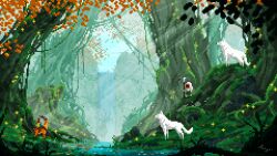 1girl animated animated_gif antelope ashitaka dappled_sunlight day deer falling_leaves faytree forest highres holding holding_polearm holding_weapon leaf mononoke_hime nature outdoors pixel_art polearm san_(mononoke_hime) scenery stream sunlight tree weapon white_wolf