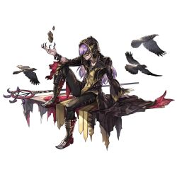  1boy animal another_eden another_eden_art_team arm_support bird black_coat black_pants boots closed_mouth coat eye_mask full_body hand_up highres hood hood_up hooded_coat jewelry knee_guards long_hair long_sleeves looking_at_viewer mask necklace official_art open_hand pants purple_hair raven_(another_eden) red_boots simple_background sitting skull_necklace sleeves_pushed_up solo staff tachi-e third-party_source transparent_background variant_set violet_eyes wide_sleeves 