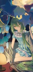  1girl absurdres blue_archive blue_dress blue_nightgown blue_pajamas commentary_request dress green_eyes green_hair green_halo hair_ornament hair_scrunchie halo highres long_hair looking_at_viewer low_side_ponytail nightgown nozomi_(blue_archive) nozomi_(kujibikido)_(blue_archive) official_alternate_costume pajamas plaid_clothes plaid_shawl pointy_ears rui_(rei_leyi) scrunchie shawl short_sleeves side_ponytail solo tail very_long_hair 