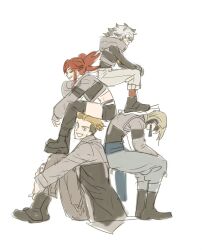  1girl 3boys blonde_hair boots coat commentary enjin_(gachiakuta) folded_ponytail full_body gachiakuta grey_coat grey_hair grey_jacket highres hood hooded_vest hoodie human_pyramid jacket long_sleeves multiple_boys pants red_hair riyo_reaper rudo_surebrec short_hair shorts sitting sitting_on_person uri_ryou vest white_background zanka_nijiku 