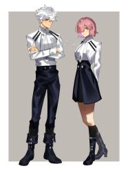  1boy 1girl adapted_costume ankle_boots arms_behind_back black_pants black_skirt black_socks boots border brown_eyes chaldea_logo collared_shrug commentary crossed_arms english_commentary fate/grand_order fate_(series) full_body galahad_(fate) hair_over_one_eye high-waist_skirt high_heels highres kneehighs looking_at_viewer mash_kyrielight mash_kyrielight_(chaldea_uniform) necktie official_alternate_costume pants pink_eyes pink_hair profile shokansenn shrug_(clothing) skirt socks trait_connection white_hair white_necktie 