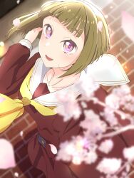  1girl :d absurdres alternate_hair_length_(shorter) bob_cut brown_dress brown_hair collarbone commentary_request dress hasu_no_sora_school_uniform highres inverted_bob kachimachi_kosuzu long_sleeves looking_at_viewer love_live! love_live!_hasu_no_sora_jogakuin_school_idol_club medium_dress neckerchief official_alternate_hairstyle open_mouth pleated_dress sailor_collar sailor_dress school_uniform shirane_nanimo short_hair smile solo violet_eyes virtual_youtuber white_sailor_collar winter_uniform yellow_neckerchief 
