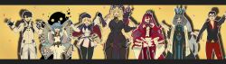  2boys 5girls absurdres ahoge armor artoria_caster_(fate) artoria_caster_(second_ascension)_(fate) artoria_pendragon_(fate) avalon_le_fae_(fate/grand_order) baobhan_sith_(fate) baobhan_sith_(first_ascension)_(fate) bare_shoulders barghest_(fate) barghest_(second_ascension)_(fate) beret beryl_gut black_dress black_gloves black_hair blonde_hair blue_capelet blue_hair breasts capelet chaldea_logo closed_eyes commentary_request crown detached_sleeves dress faerie_knights_(fate) fate/grand_order fate_(series) fujimaru_ritsuka_(male) fujimaru_ritsuka_(male)_(decisive_battle_chaldea_uniform) glasses gloves grey_hair hat highres holding_hands hope_(fate) jacket klash large_breasts long_hair long_sleeves morgan_le_fay_(fate) morgan_le_fay_(queen_of_winter)_(fate) mother_and_child mother_and_daughter multicolored_capelet multiple_boys multiple_girls pantyhose parent_and_child parody pointy_ears ponytail red_capelet red_dress red_hair senzaiteki_na_ai_(strange_fake) short_hair sidelocks smile twintails veil white_dress white_jacket wings 