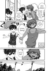  ! 2boys absurdres artist_name blush closed_eyes closed_mouth collarbone collared_shirt commentary dark-skinned_male dark_skin double-parted_bangs english_commentary english_text greyscale hair_behind_ear hair_between_eyes highres holding_another's_wrist index_finger_raised kel_(faraway)_(omori) kel_(omori) male_focus monochrome multiple_boys omocat_(style) omori open_mouth otomerson outdoors parted_lips power_lines shirt short_hair smile speech_bubble spoken_exclamation_mark sunny_(omori) sweatdrop teeth 