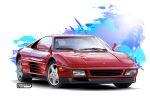  2023 artist_name car commentary_request ferrari ferrari_348_tb headlight highres motor_vehicle multicolored_background nimbus_goldbrum no_humans original realistic rear-view_mirror red_car shadow side-view_mirror vehicle_focus 