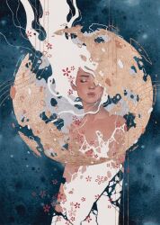  1girl closed_eyes commentary english_commentary flower_symbol highres kelogsloops long_hair original painting_(medium) solo traditional_media upper_body watercolor_(medium) white_hair 