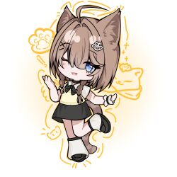  1girl ;) absurdres ahoge animal_ears black_bow black_bowtie black_shoes black_skirt blue_eyes bow bowtie brown_hair can_(honkai_impact) cat_ears cat_girl cat_tail chibi chibi_only chinese_commentary commentary_request highres honkai_(series) honkai_impact_3rd leg_warmers looking_at_viewer one_eye_closed pardofelis shirt shoes short_hair_with_long_locks simple_background skirt smile solo tail white_leg_warmers white_shirt yinyun_mai_xiang_de_meng_mingdeng 