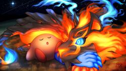  artist_logo blue_eyes blue_fire claws closed_eyes commentary_request fire flame-tipped_tail kirby kirby_(series) kirby_air_ride kirby_air_riders leo_(kirby) logo looking_at_another lying night no_humans shooting_star sleeping star_(sky) tail vostok_(vostok061) 