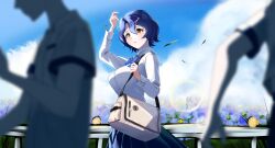  :o absurdres bag blue_bow blue_bowtie blue_hair blue_skirt blurry blurry_foreground bow bowtie breasts commentary_request depth_of_field exila_(moon1545) falling_leaves hair_ornament hairclip highres idolmaster idolmaster_million_live! leaf long_sleeves looking_ahead medium_breasts pleated_skirt school_uniform shirt short_hair skirt solo_focus toyokawa_fuka white_bag white_shirt 