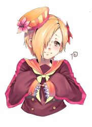  1girl blonde_hair brown_eyes buttons commentary cropped_torso double-breasted flower frilled_sleeves frills hair_flower hair_ornament hair_over_one_eye hat hat_flower highres idolmaster idolmaster_cinderella_girls looking_at_viewer neckerchief orange_sailor_collar sailor_collar sailor_hat shirasaka_koume short_hair simple_background sleeves_past_fingers sleeves_past_wrists smile solo upper_body white_background zinto 