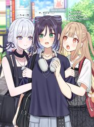  3girls absurdres arm_hug bag bag_charm black_bag black_dress black_hair blonde_hair blue_hair blue_nails blue_shirt brown_eyes brown_hair charm_(object) cho_kaguya-hime! closed_mouth commentary_request cone_hair_bun double_bun dress green_eyes hair_bun hair_ribbon headphones heart highres jewelry kaguya_(cho_kaguya-hime!) medium_hair mizukoshi_(marumi) multiple_girls nail_polish necklace one_side_up open_mouth outdoors pinafore_dress ribbon runami_yachiyo sakayori_iroha see-through_clothes see-through_dress shibuya_109 shirt shoulder_bag sleeveless sleeveless_dress sweatdrop teeth translation_request upper_teeth_only violet_eyes yuri 