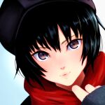  1girl amagami beret black_hair black_headwear brown_eyes close-up closed_mouth hat highres lips looking_at_viewer nanasaki_ai oshizu portrait red_scarf scarf short_hair solo 