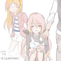  1boy 1girl 2girls aged_down bare_legs black_shirt black_vest blonde_hair blush casual chaos;child child closed_eyes collared_shirt commentary_request crying dress faceless faceless_female hair_between_eyes hair_bobbles hair_ornament hand_on_another's_head hands_on_own_knees happy_tears highres jacket kurusu_nono long_hair long_sleeves minamisawa_senri miniskirt miyashiro_takuru multiple_girls open_mouth pants pinafore_dress pink_hair pink_jacket science_adventure shirt simple_background sitting skirt sleeveless sleeveless_dress smile spoilers striped_clothes striped_shirt tears tomogiwww twintails very_long_hair vest white_background white_dress white_shirt white_skirt 