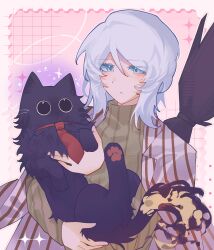  1girl absurdres animal animal_focus animalization artist_name blue_eyes brown_sweater castlwhite cat closed_mouth commentary dante_(limbus_company) e.g.o_(project_moon) english_commentary faust_(project_moon) fire flame-tipped_tail highres holding holding_animal holding_cat limbus_company medium_hair necktie project_moon red_necktie representation_emitter_(e.g.o) sweater tail turtleneck turtleneck_sweater upper_body white_hair 