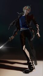  1boy 2n9158 belt belt_buckle black_boots black_jacket black_pants blonde_hair blue_shirt boots braid buckle buttons excalibur_(fate/strange_fake) fate/strange_fake fate_(series) full_body highres holding holding_sword holding_weapon jacket long_sleeves looking_to_the_side male_focus multicolored_hair open_clothes open_jacket open_mouth pants red_eyes red_hair richard_i_(fate) richard_i_(second_ascension)_(fate) shirt sideways_glance solo spiked_boots spikes standing streaked_hair sword weapon white_belt 
