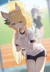  2girls :o animal_ear_fluff animal_ears black_shorts blonde_hair blue_archive blurry blurry_background commentary flower grey_eyes gym_shirt gym_shorts gym_uniform hair_flower hair_ornament headband highres id_card leaning_forward ll_dal long_hair mari_(blue_archive) multiple_girls outdoors own_hands_clasped own_hands_together running_track shirt short_sleeves shorts untranslatable_commentary white_headband white_shirt 