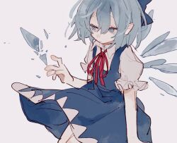  1girl blue_bow blue_dress blue_eyes blue_hair bow cirno closed_mouth dress expressionless fairy grey_background hair_between_eyes hand_up highres ice ice_wings medium_hair shirt short_sleeves solo touhou uifuchi white_shirt wings 