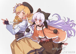  2girls animal_ear_headwear animal_ears back_ribbon beanie beret black_choker black_corset black_gloves black_shirt blonde_hair bow bowtie brown_eyes brown_hat brown_skirt bubble_skirt buckle chinese_commentary choker cloak closed_mouth cloudyman collarbone collared_shirt commentary_request corset cowboy_shot cropped_shirt detached_sleeves dot_nose drill_hair earflap_beanie fake_animal_ears fingerless_gloves floating_hair flower_hairpin fur-trimmed_cloak fur_choker fur_trim gloves grey_background hair_between_eyes happy hat hat_feather height_difference high_collar leaning_forward light_particles long_hair long_sleeves looking_ahead looking_at_viewer magical_girl mahou_shoujo_madoka_magica mahou_shoujo_madoka_magica:_hangyaku_no_monogatari midriff miniskirt momoe_nagisa multiple_girls navel open_mouth orange_bow orange_cloak pleated_skirt pointing pointing_forward pom_pom_(clothes) puffy_long_sleeves puffy_short_sleeves puffy_sleeves ribbon shirt short_sleeves signature simple_background skirt smile suspender_skirt suspenders tareme tomoe_mami twin_drills very_long_hair waist_bow walking watermark weibo_watermark white_hair white_ribbon white_shirt white_sleeves yellow_bow yellow_bowtie yellow_eyes yellow_skirt 