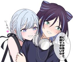  2girls black_ribbon blue_eyes blue_hair blue_nails cho_kaguya-hime! colored_inner_hair commentary_request cone_hair_bun gradient_eyes green_eyes hair_bun hair_ribbon hand_on_another's_shoulder headphones headphones_around_neck highres hug kai922034579594 looking_at_viewer multicolored_eyes multicolored_hair multiple_girls nail_polish ribbon runami_yachiyo sakayori_iroha simple_background translation_request upper_body violet_eyes white_background white_hair yuri 
