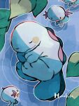  :d :o afloat animal_focus artist_name blue_skin closed_eyes colored_skin curled_up evolutionary_line fetal_position hanabusaoekaki highres leaf no_humans pokemon pokemon_(creature) quagsire ripples sleeping smile solid_oval_eyes water wooper 