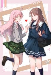  2girls ? absurdres bag bang_dream! bang_dream!_it's_mygo!!!!! black_bag blue_shirt blue_skirt blue_socks brown_hair brown_shoes chihaya_anon chinese_commentary closed_mouth commentary_request diagonal-striped_clothes diagonal-striped_necktie fang green_necktie green_skirt grey_eyes grey_jacket grey_neckerchief haneoka_school_uniform highres jacket long_hair long_sleeves multiple_girls nagasaki_soyo neckerchief necktie open_mouth outline pink_hair plaid_clothes plaid_skirt pleated_skirt school_uniform shirt shoes shoulder_bag sidelocks skin_fang skirt socks sokat striped_clothes striped_necktie tsukinomori_school_uniform white_outline 