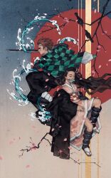  1boy 1girl bird black_haori black_pants brother_and_sister brown_hair checkered_haori closed_eyes commentary earrings english_commentary green_haori hanafuda_earrings haori highres holding holding_sword holding_weapon japanese_clothes jewelry kamado_nezuko kamado_tanjirou katana kelogsloops kimetsu_no_yaiba kimono long_hair painting_(medium) pants pink_kimono sandals short_hair siblings socks sword traditional_media two-tone_haori watercolor_(medium) weapon white_socks 