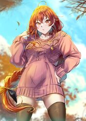  1girl absurdres ahoge autumn autumn_leaves black_thighhighs braid breasts cowboy_shot crossed_bangs dress eris_greyrat highres large_breasts long_hair mushoku_tensei park red_eyes redhead solo sweater sweater_dress thick_eyebrows thigh-highs yujin_(kanouyuuto-0423) 