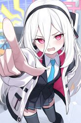  1girl annoyed black_thighhighs blue_archive blush bow coat commentary_request frills hair_between_eyes hair_bow halo highres kei_(blue_archive) kei_(student)_(blue_archive) long_hair long_sleeves nashi_(nashipple1) necktie open_mouth pink_halo pointing pointing_at_viewer red_eyes ringed_eyes school_uniform skirt solo thigh-highs white_hair 