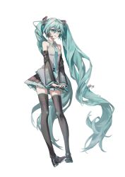  1girl aqua_eyes aqua_hair aqua_nails aqua_necktie bare_shoulders black_boots black_skirt boots detached_sleeves full_body grey_shirt hair_between_eyes hatsune_miku headset highres long_hair looking_to_the_side nail_polish necktie own_hands_together pleated_skirt pye_yyy shirt signature simple_background skirt sleeveless sleeveless_shirt solo thigh_boots twintails very_long_hair vocaloid white_background 
