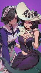  2girls :o absurdres anjo_nala apron bare_shoulders black_gloves black_hair black_ribbon breasts chinese_commentary cleavage_cutout clothing_cutout commentary_request cone_hair_bun cowboy_shot double_bun dress enioreh flower gloves green_tail grin hair_bun hair_over_one_eye hand_on_another's_shoulder hat highres large_breasts lizard_tail long_hair looking_at_another looking_to_the_side maid maid_headdress ms._kimberly_(reverse:1999) multiple_girls neck_flower neck_ribbon neckerchief one_eye_covered purple_background purple_dress purple_flower reverse:1999 ribbon short_hair sleeveless sleeveless_dress smile sweat tail tuesday_(reverse:1999) violet_eyes white_apron white_hat white_neckerchief 