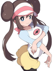  1girl black_pantyhose blue_eyes breasts brown_hair closed_mouth commentary_request donut_hair_bun double_bun hair_bun hiyoshipow long_hair looking_at_viewer pantyhose pantyhose_under_shorts poke_ball_print pokemon pokemon_black_2_and_white_2 raglan_sleeves rosa_(pokemon) shirt shorts smile solo twintails visor_cap yellow_shorts 