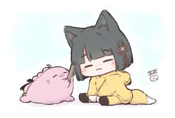  1girl :3 ahoge animal_ears animal_with_hair animalization anyoji_hime anyoji_hime_(seal) ao_kaeru black_hair black_ribbon blunt_bangs blunt_ends blush bob_cut brushing_hair closed_eyes closed_mouth comb commentary fox_ears fox_girl fox_tail full_body hair_ribbon highres holding holding_comb holiday_holiday_(love_live!) holiday_holiday_(tenko)_(love_live!) hood hood_down hoodie love_live! love_live!_hasu_no_sora_jogakuin_school_idol_club momose_ginko multi-tied_hair pink_hoodie ponytail ribbon short_hair signature simple_background sitting tail virtual_youtuber white_background 